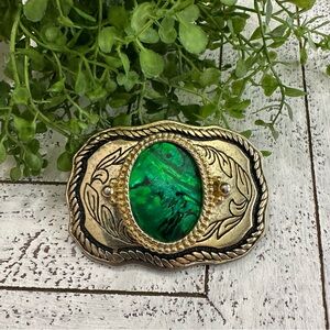Gold Green Resin Western Belt Buckle